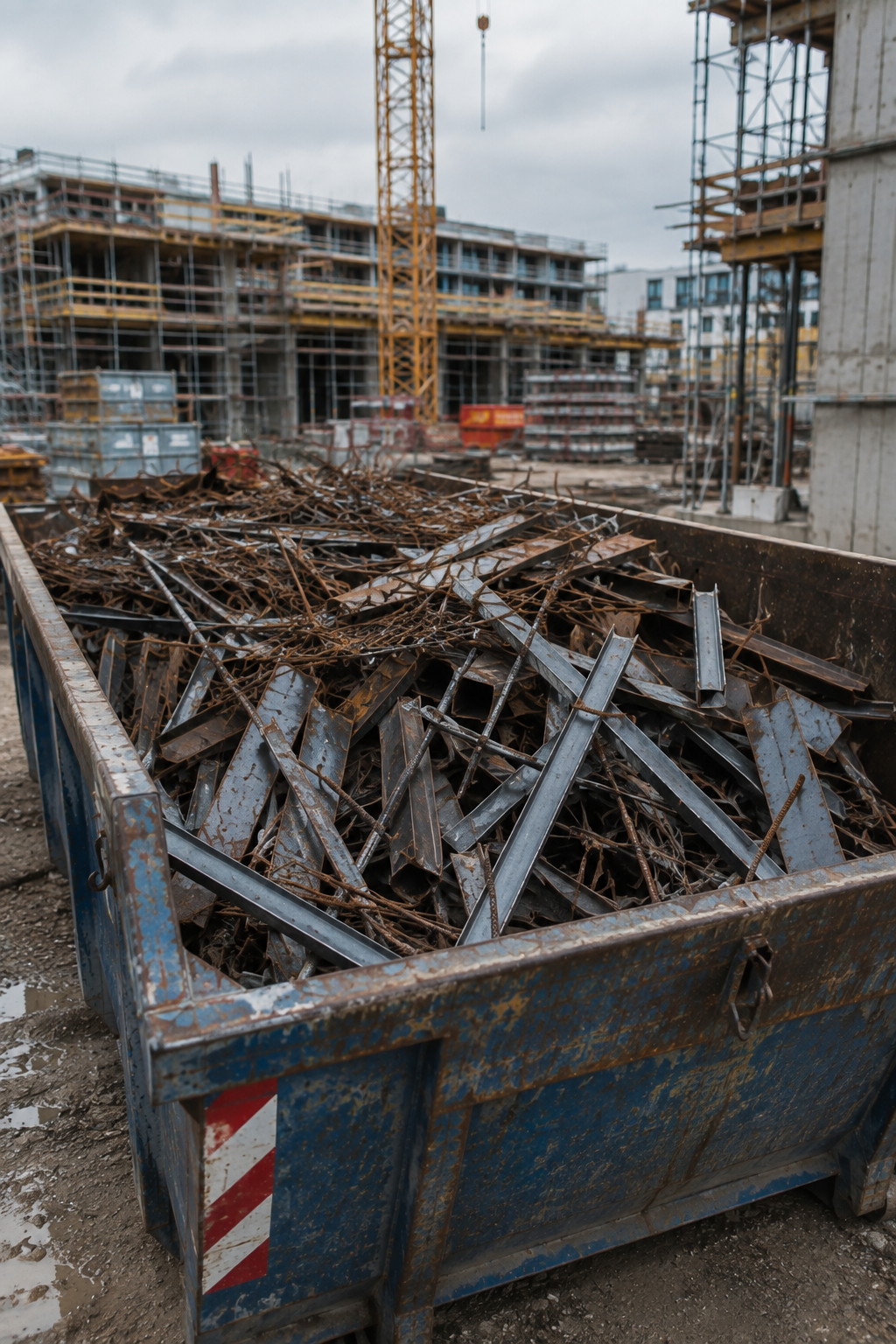 Container mit Betonstahl und Stahlprofilen auf einer Baustelle